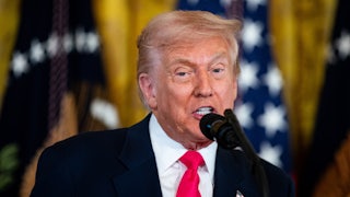 Donald Trump speaks into a microphone