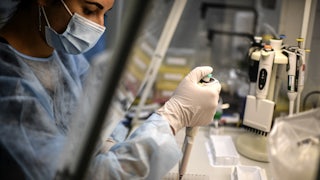A lab technician uses a pipette to transfer material.