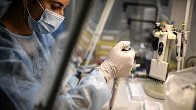 A lab technician uses a pipette to transfer material.