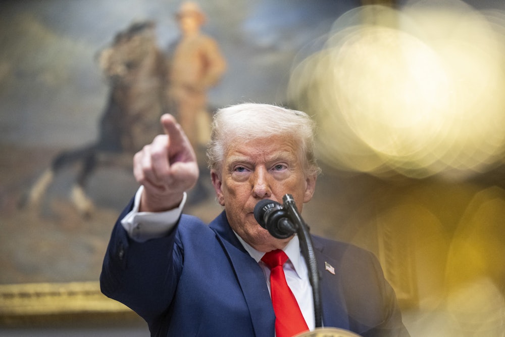 Trump points his finger just off-center of the camera while speaking into a microphone, with a painting of Teddy Roosevelt behind him.