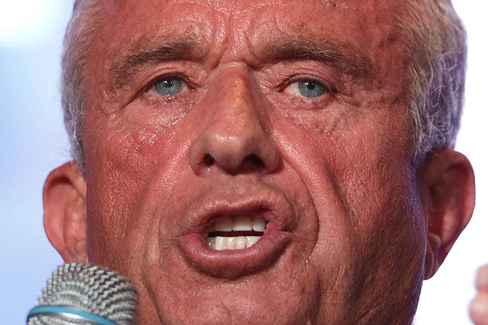 A closeup of Robert F. Kenedy Jr.'s face talking.