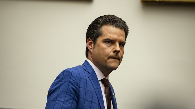 Representative Matt Gaetz arrives for a House Armed Services Subcommittee hearing