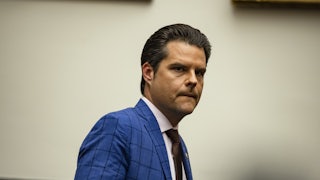 Representative Matt Gaetz arrives for a House Armed Services Subcommittee hearing