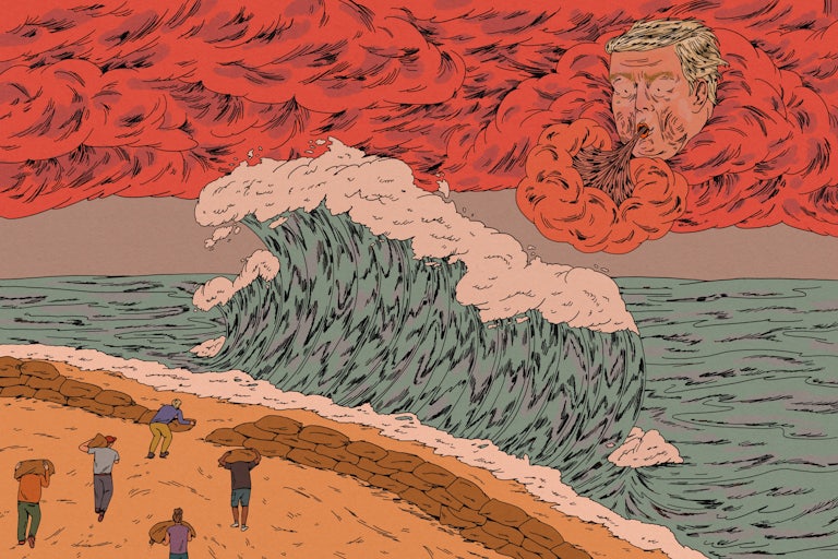 Illustration of Donald Trump blowing wind at a shoreline while people lay down sand bags.