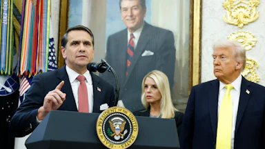 Todd Blanche, Pam Bondi, and Trump in the Oval Office