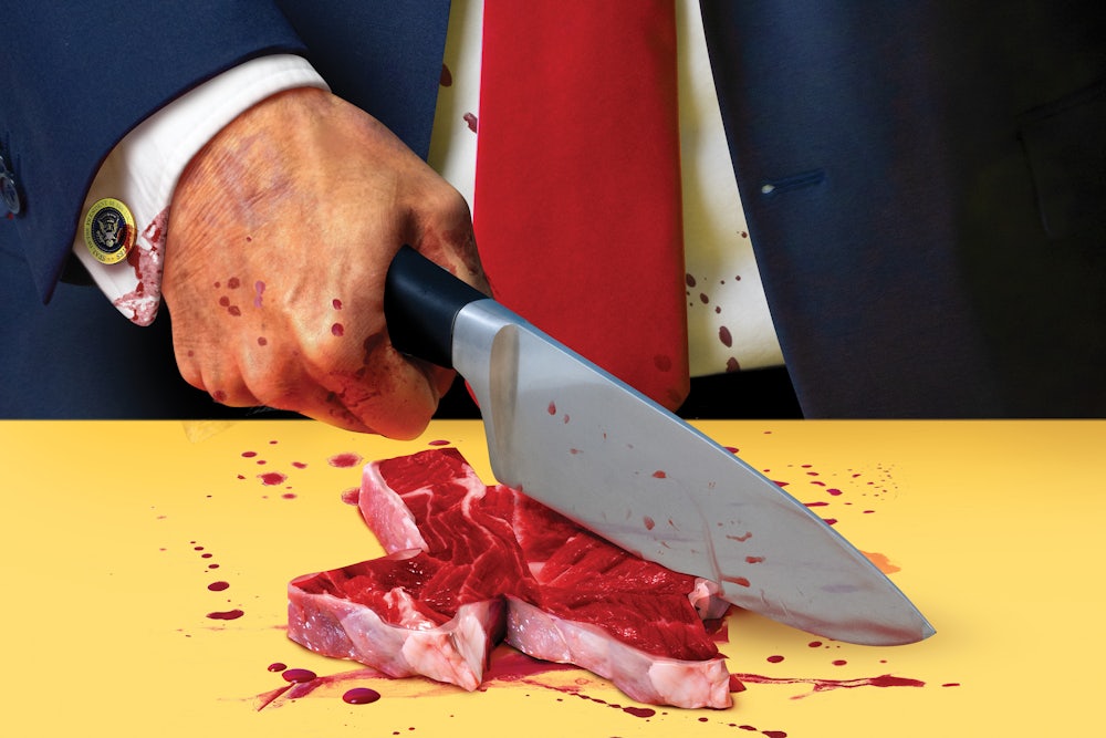 A photo illustration of Trumps hand holding a bloodied butcher knife over a steak in the shape of Texas