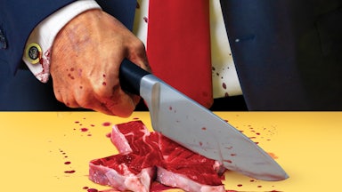 A photo illustration of Trumps hand holding a bloodied butcher knife over a steak in the shape of Texas