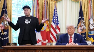 Elon Musk speaks alongside President Donald Trump in the Oval Office of the White House.