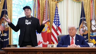 Elon Musk speaks alongside President Donald Trump in the Oval Office of the White House.