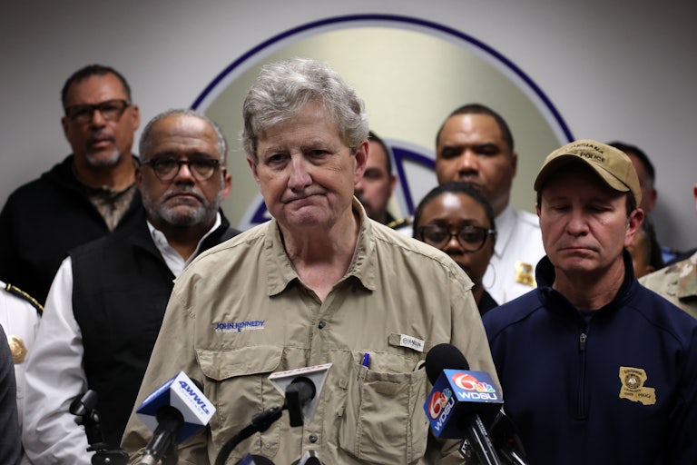 Senator John Kennedy frowns during a press conference on the New Orleans terror attack