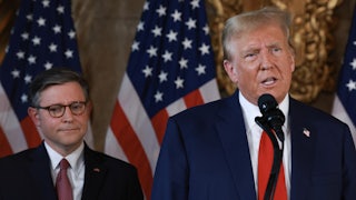 Former President Donald Trump and House Speaker Mike Johnson at Mr. Trump's Mar-a-Lago estate on April 12, 2024, in Palm Beach, Florida.