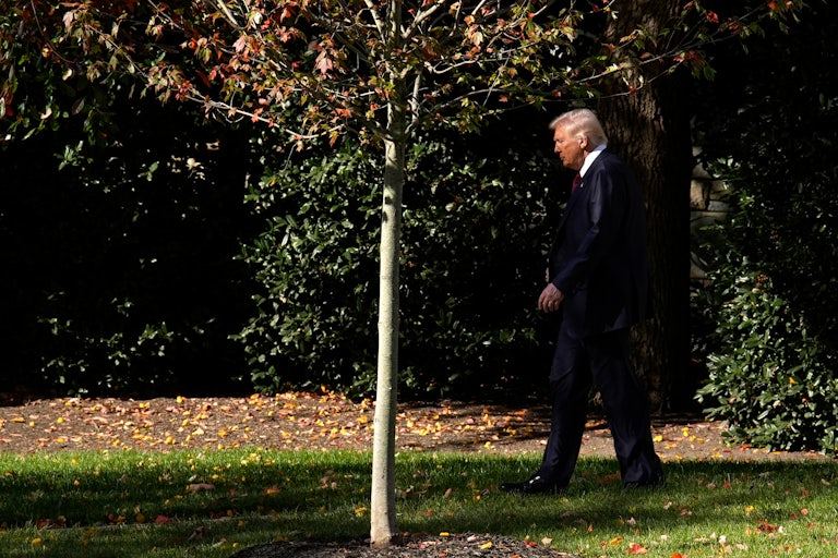 Donald Trump walks outside the White House