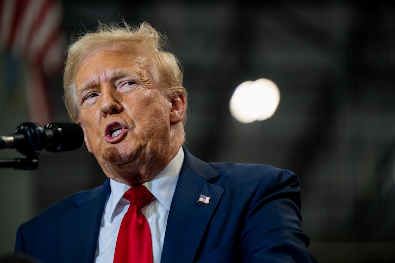 Donald Trump speaks into a microphone during a campaign event