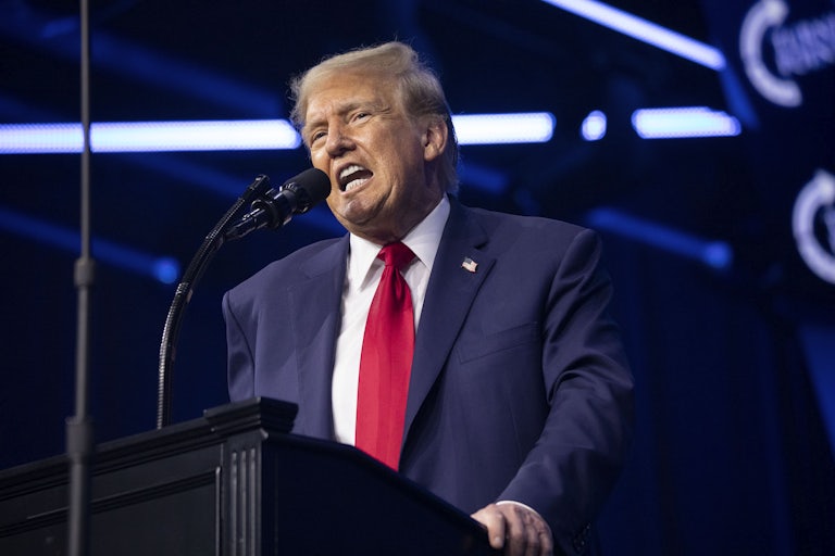 Donald Trump speaks into a microphone