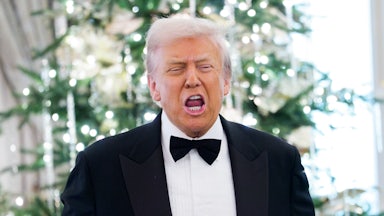 Donald Trump speaks while standing in front of a Christmas tree.
