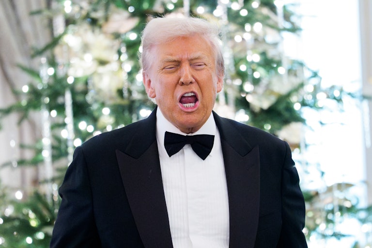 Donald Trump speaks while standing in front of a Christmas tree.