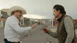 Joaquin Phoenix (left) and Pedro Pascal in “Eddington.”