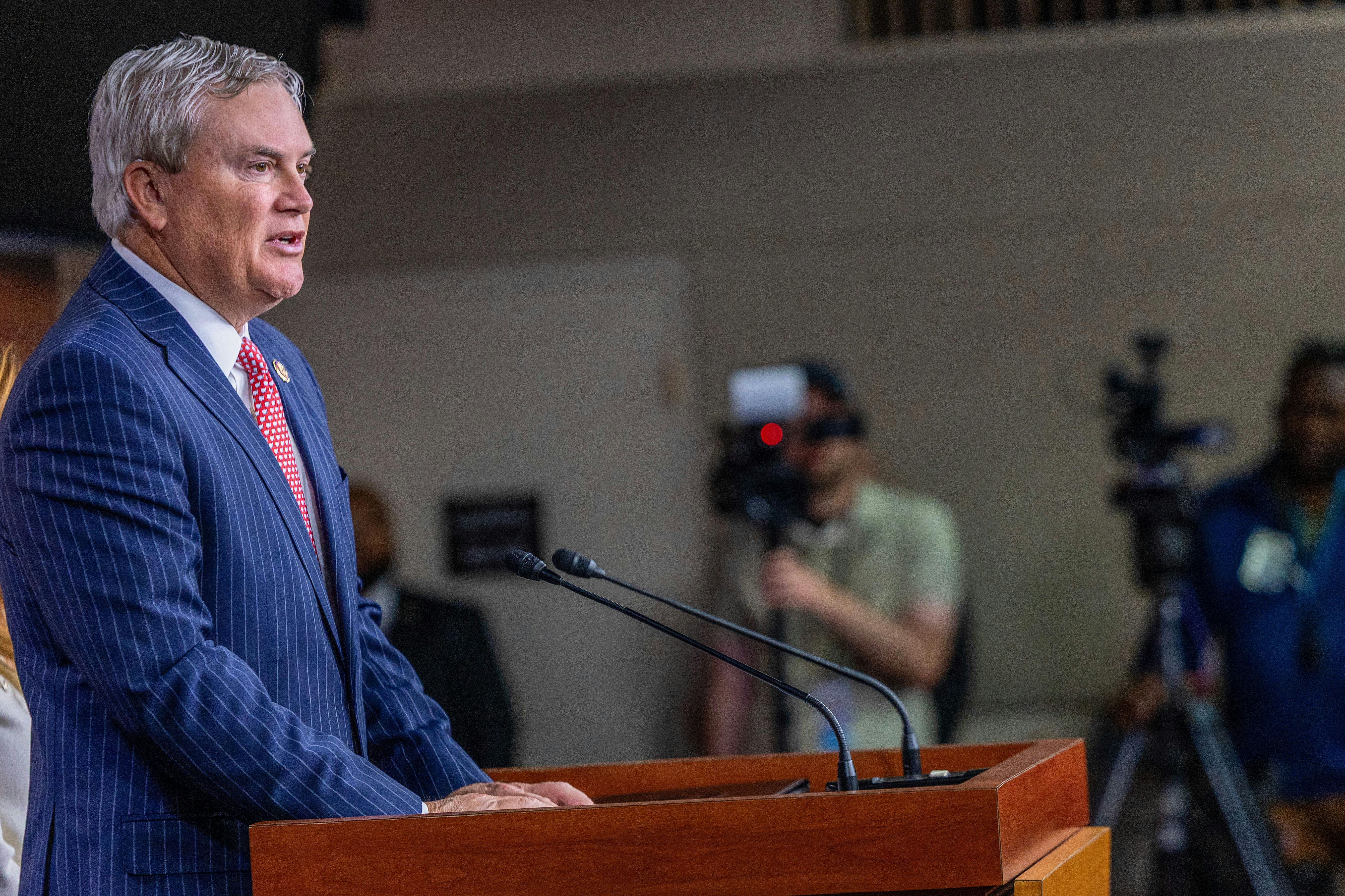 Representative James Comer speaks at a podium during a press conference