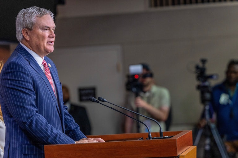 Representative James Comer speaks at a podium during a press conference