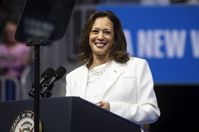Kamala Harris smiles at a campaign rally