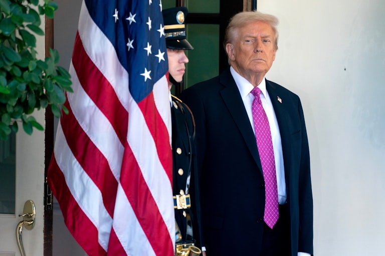 Donald Trump stands outside the White House