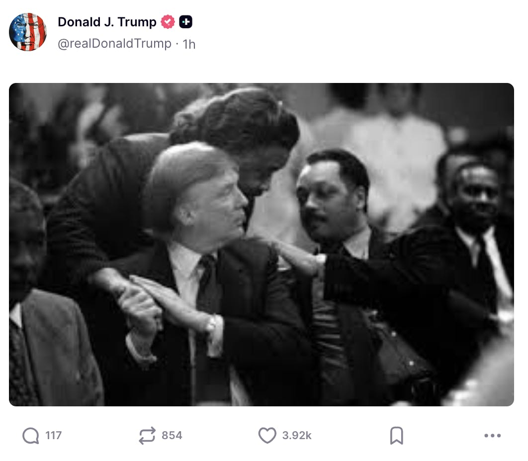 Truth Social screenshot black and white photo of Trump and Jesse Jackson
