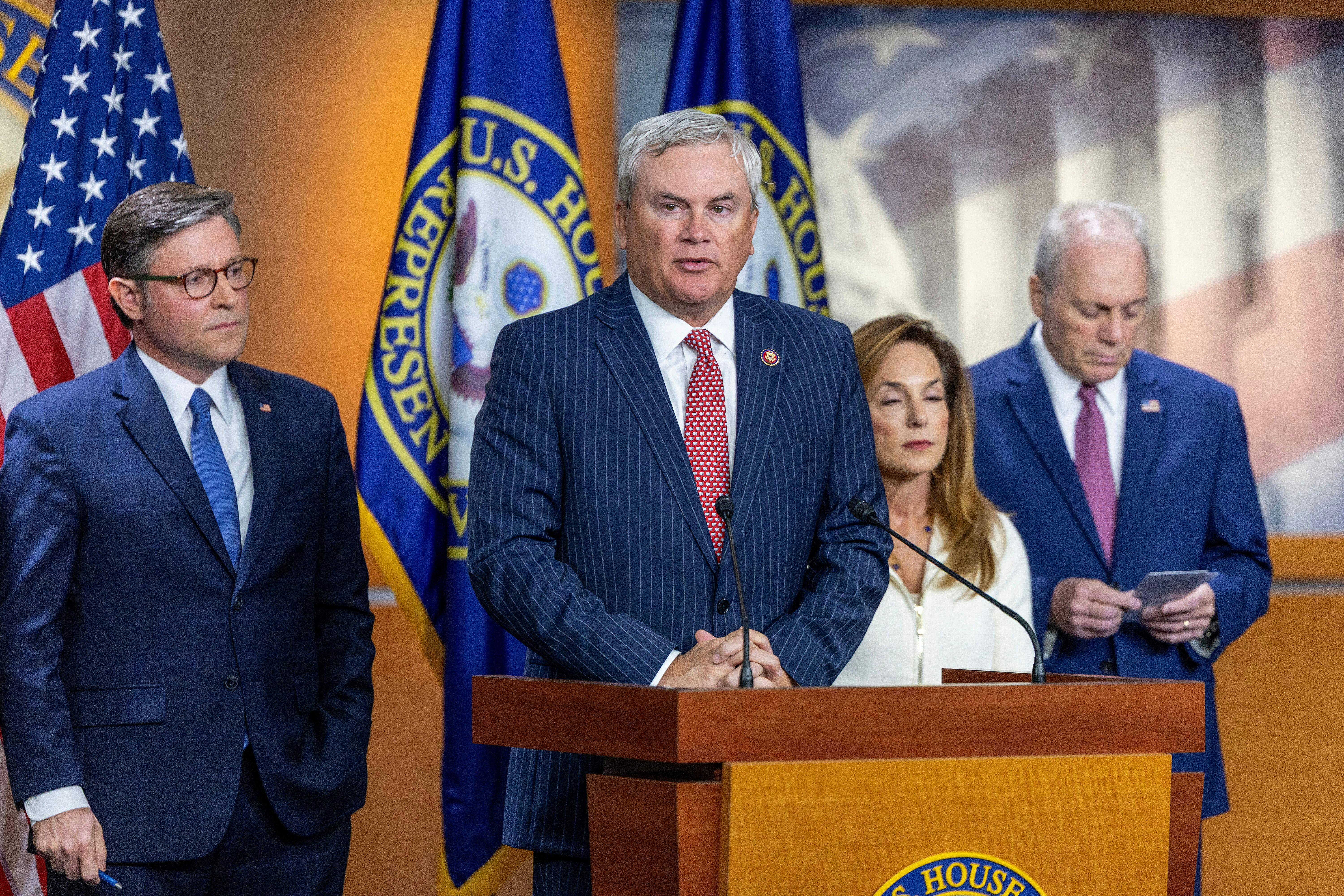 House Oversight Chair James Comer speaks at a podium in the Capitol.