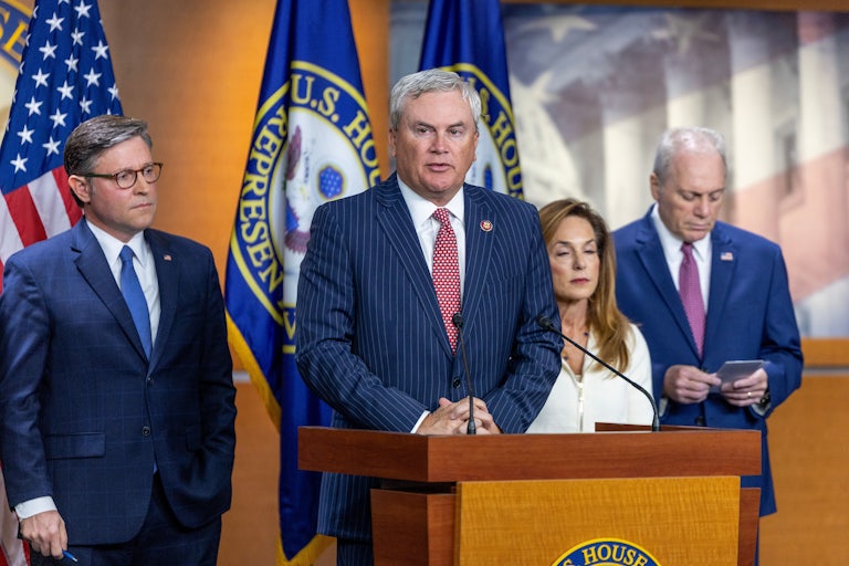 House Oversight Chair James Comer speaks at a podium in the Capitol.