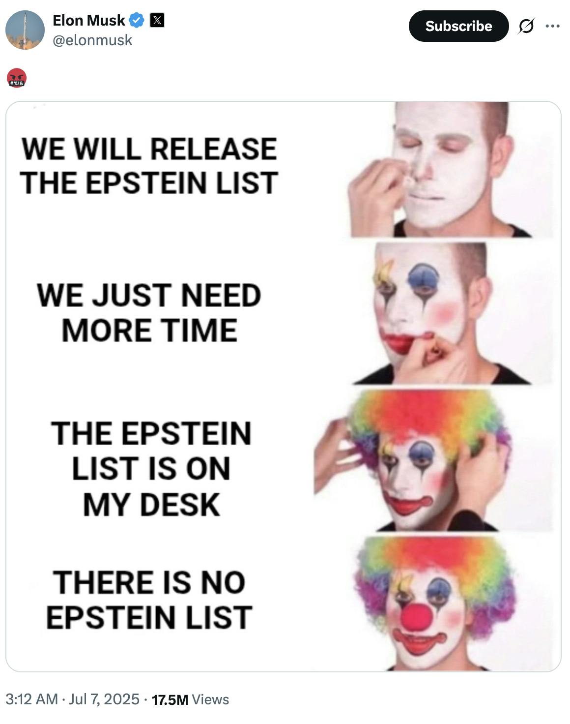 X screenshot Elon Musk @elonmusk 🤬 (meme of a clown saying There Is No Epstein List)