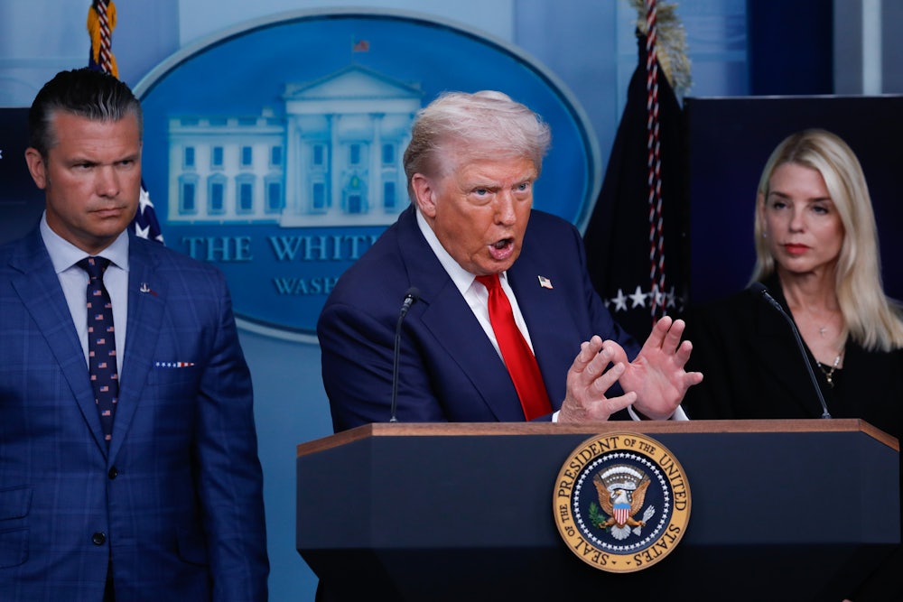 Flanked by defense secretary Pete Hegseth and attorney general Pam Bondi, Donald Trump delivered a speech during a press conference at the White House on August 11.