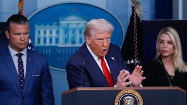 Flanked by defense secretary Pete Hegseth and attorney general Pam Bondi, Donald Trump delivered a speech during a press conference at the White House on August 11.