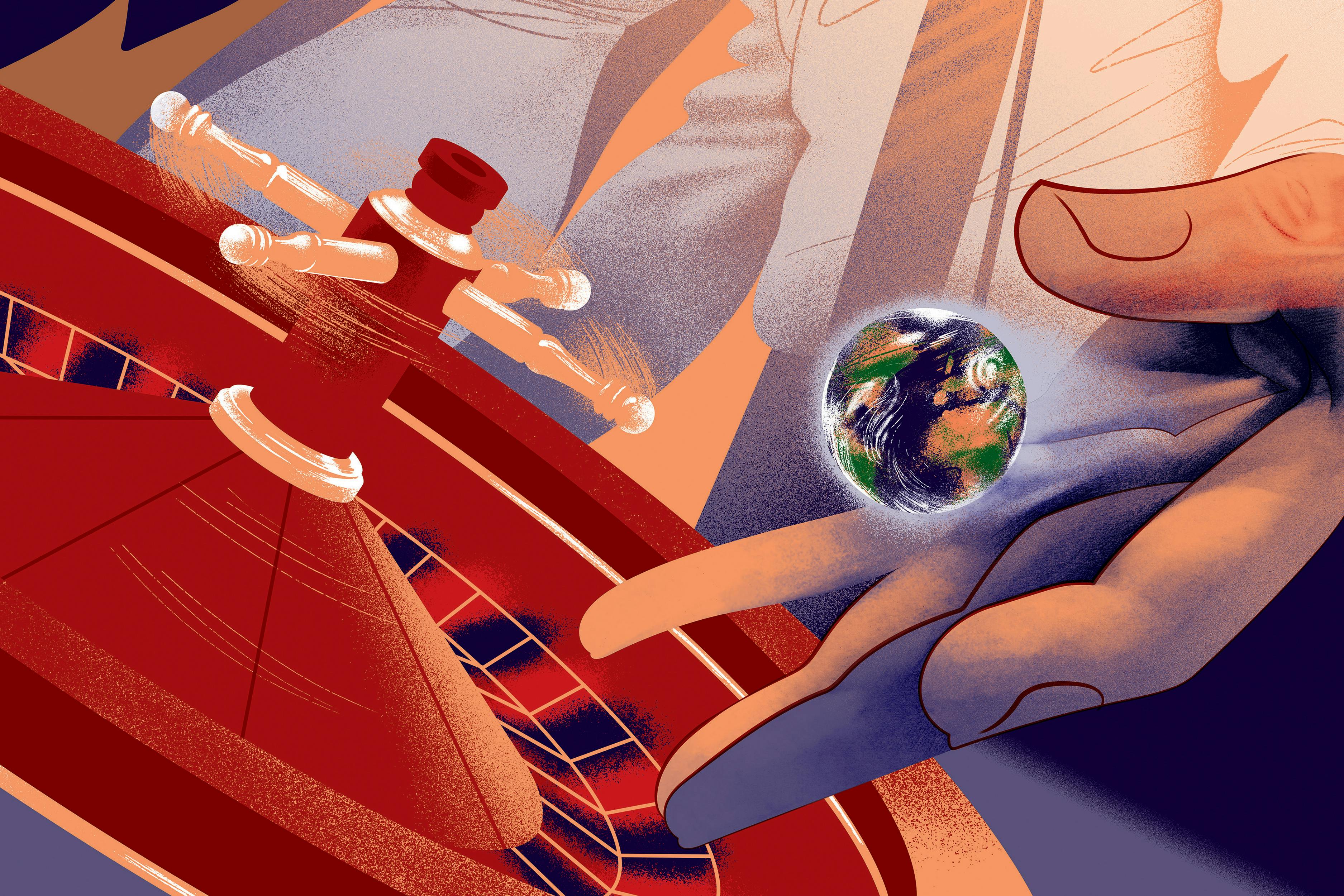 Illustration of a roulette wheel and casino patrons looming over one of their hands holding the Earth, symbolizing a dice and gamblings growing influence spreading from sports into the broader world and news media.
