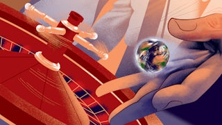 Illustration of a roulette wheel and casino patrons looming over one of their hands holding the Earth, symbolizing a dice and gamblings growing influence spreading from sports into the broader world and news media.