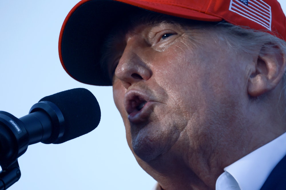 Donald Trump speaks in a MAGA hat