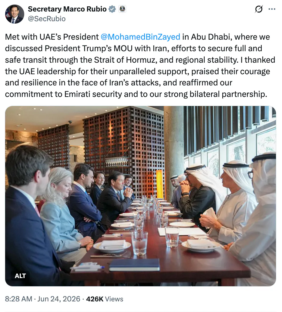 X screenshot Secretary Marco Rubio @SecRubio Met with UAE’s President @MohamedBinZayed in Abu Dhabi, where we discussed President Trump’s MOU with Iran, efforts to secure full and safe transit through the Strait of Hormuz, and regional stability. I thanked the UAE leadership for their unparalleled support, praised their courage and resilience in the face of Iran’s attacks, and reaffirmed our commitment to Emirati security and to our strong bilateral partnership.