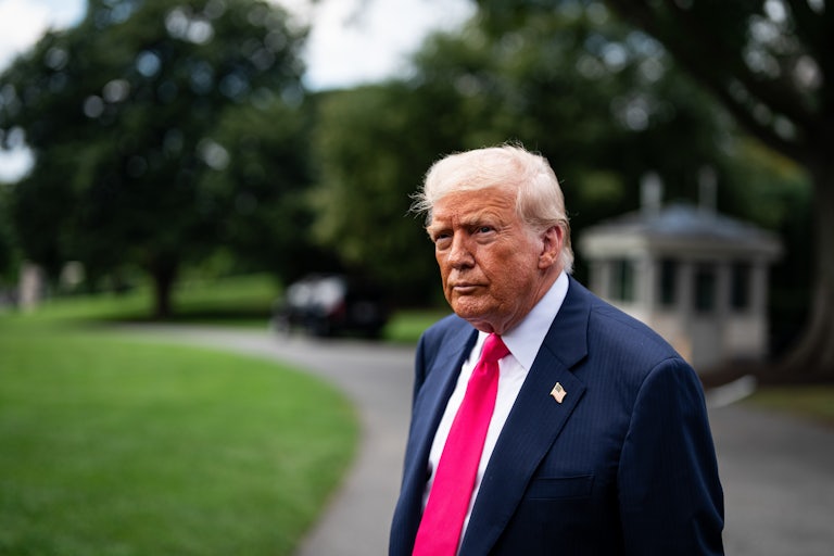 Donald Trump frowns while standing outside the White House