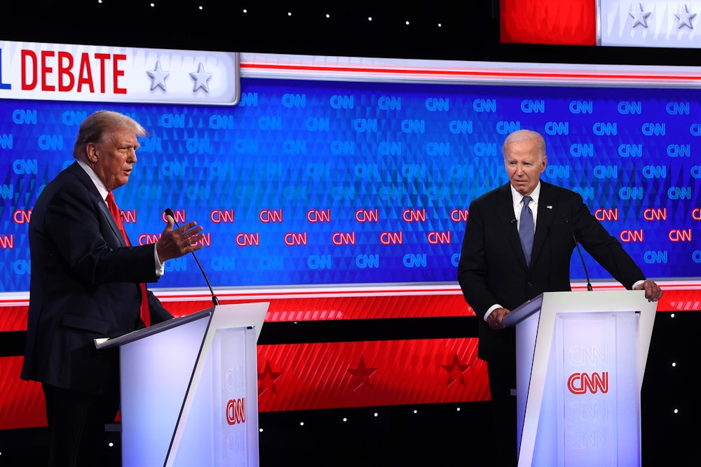 Trump and Biden stand at podiums with the CNN logo.