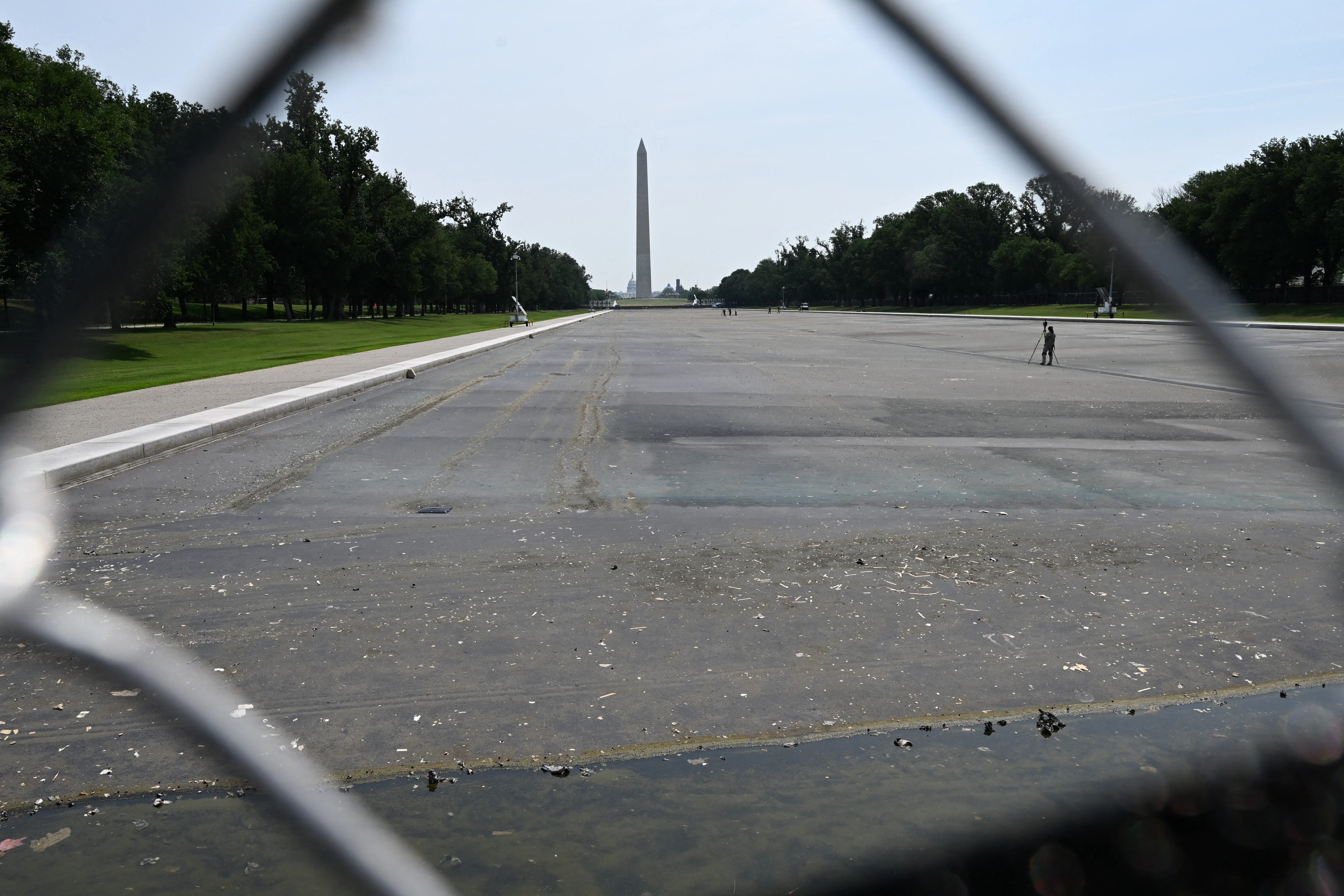 The Reflecting Pool, seen through a chain-link fence
