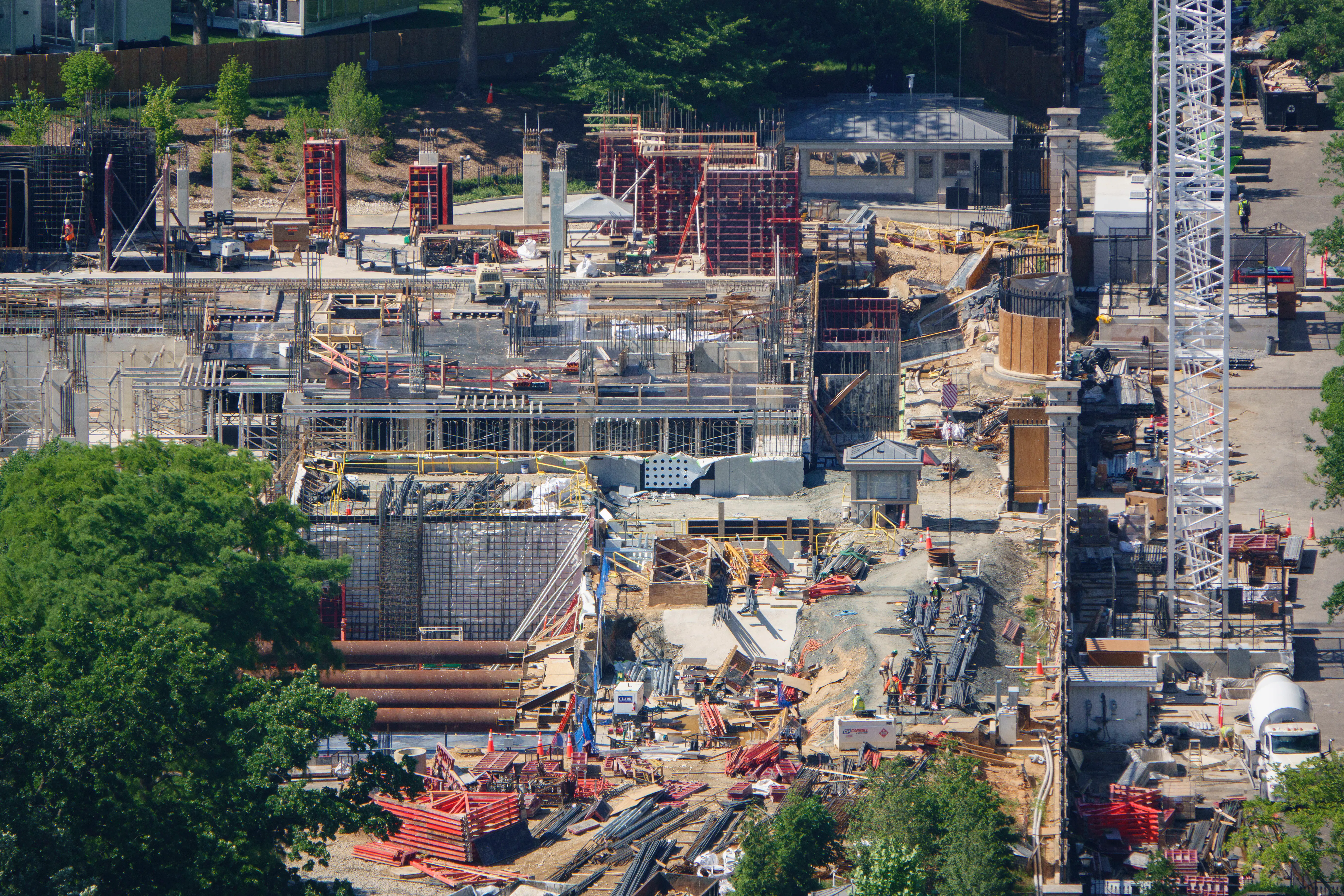 An aerial view of construction at the White House