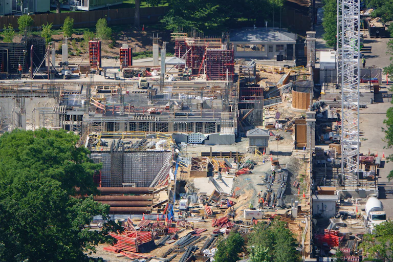 An aerial view of construction at the White House