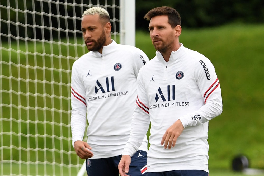 Paris Saint Germain's star players, Neymar and Lionel Messi, work out on the French club's training grounds.