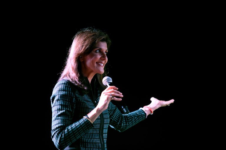Nikki Haley speaks into a microphone