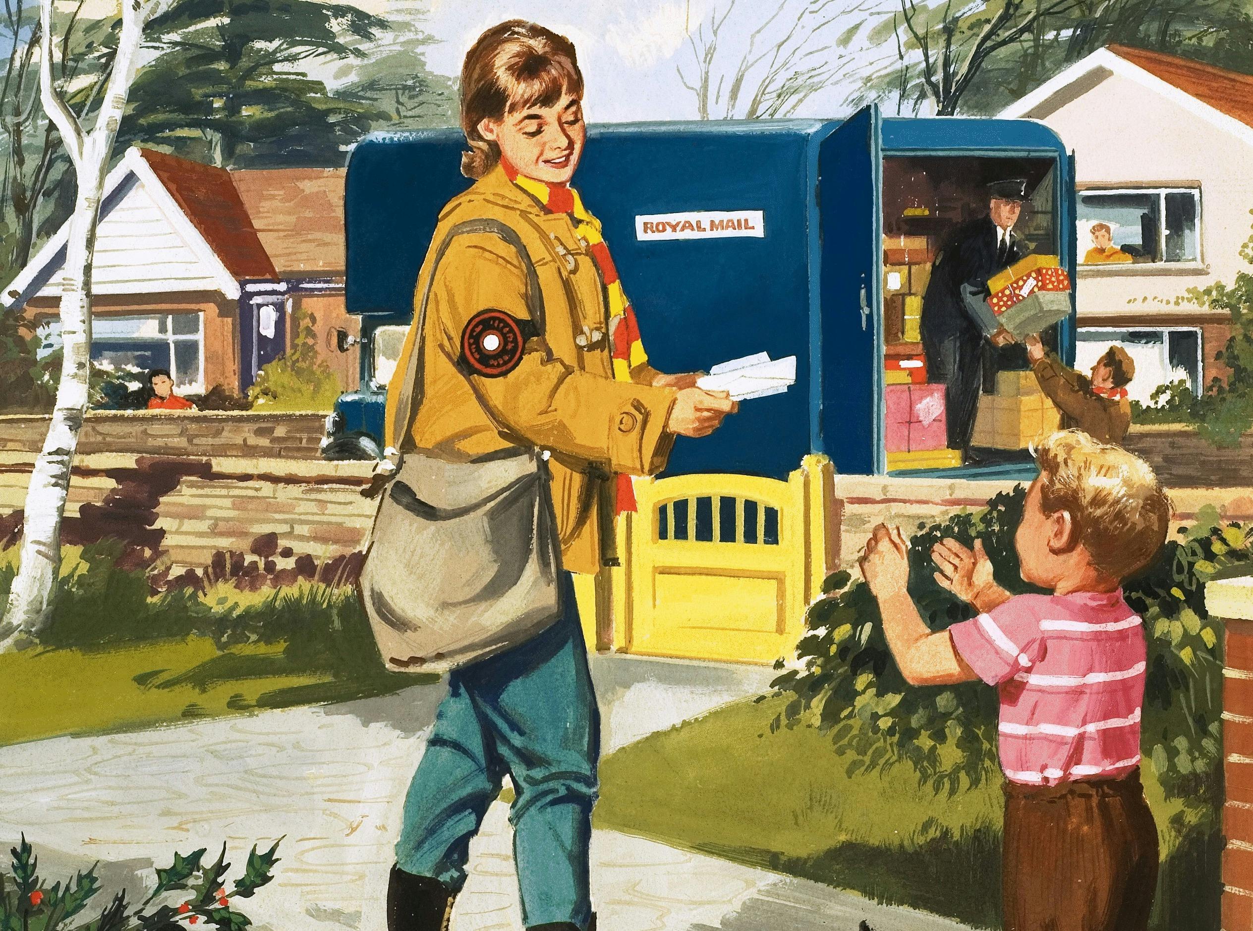A woman and child collect the mail alongside a postal service truck.