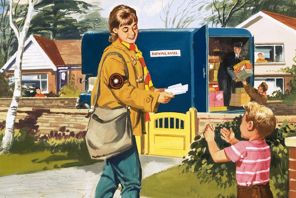A woman and child collect the mail alongside a postal service truck.