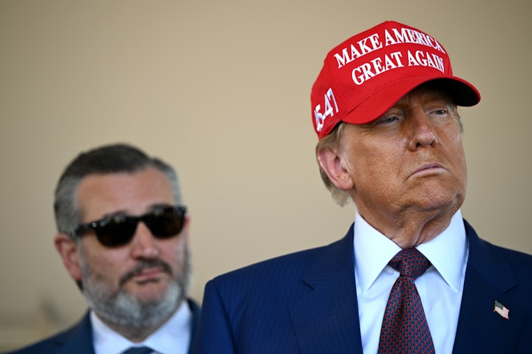 Ted Cruz wears sunglasses and stands behind Donald Trump