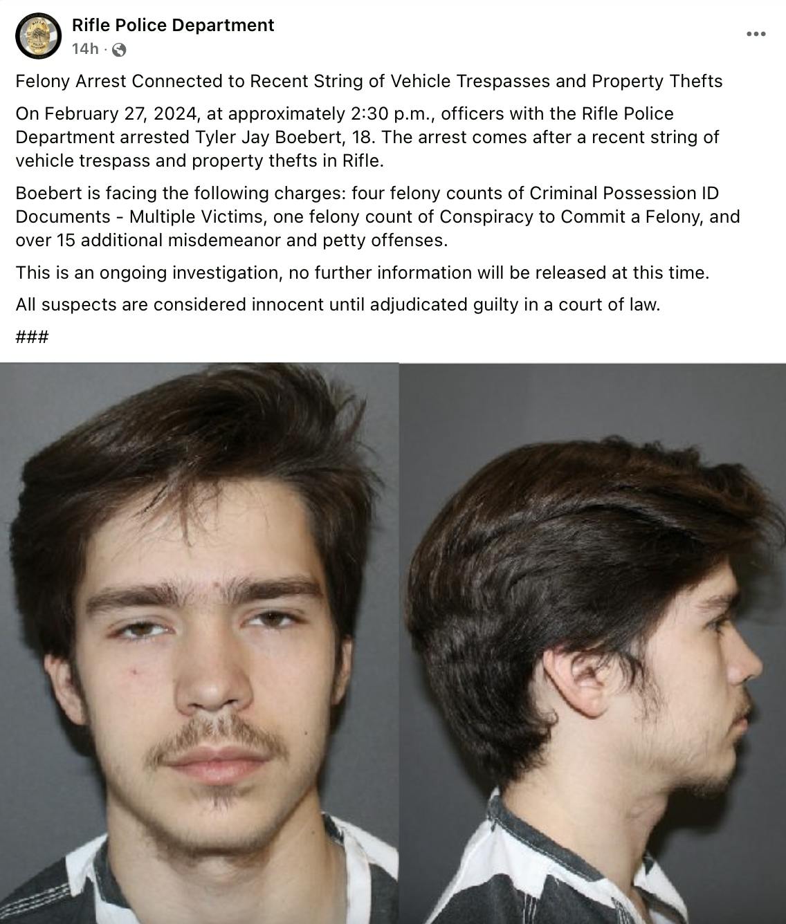 A Facebook post from the Rifle Police Department explains why Tyler Boebert was arrested and shows his mugshot