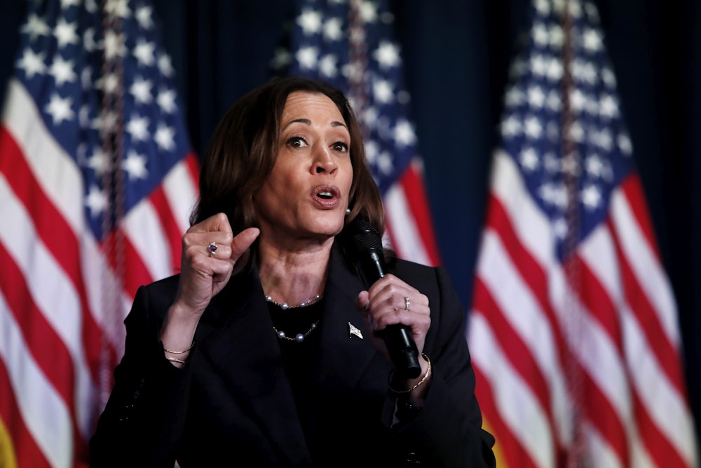 Kamala Harris holds a microphone and speaks into it while standing in front of American flags.