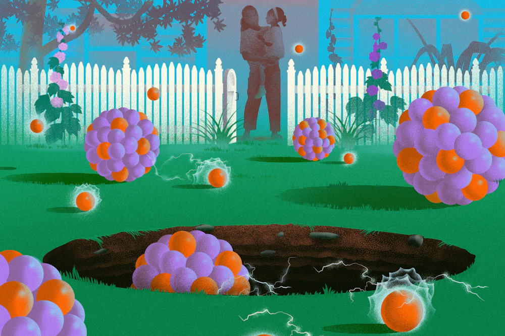 Illustration of atoms swirling a deep hole while a mother and child view it from a distance.
