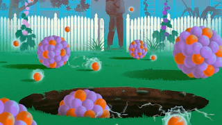Illustration of atoms swirling a deep hole while a mother and child view it from a distance.