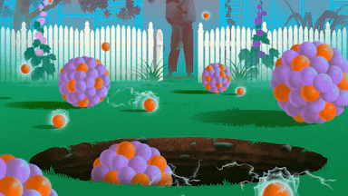 Illustration of atoms swirling a deep hole while a mother and child view it from a distance.